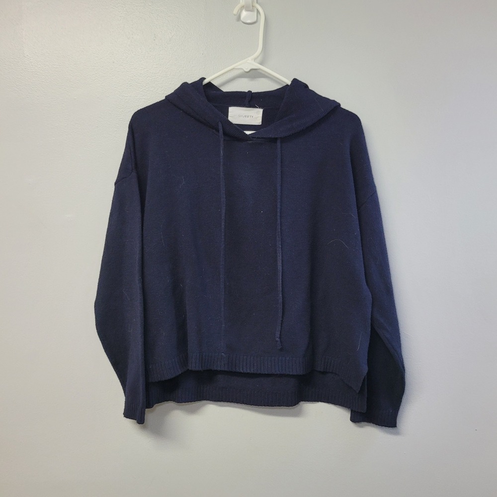 SIX/FIFTY Star Back Knit Hoodie Sweater Navy Blue Small